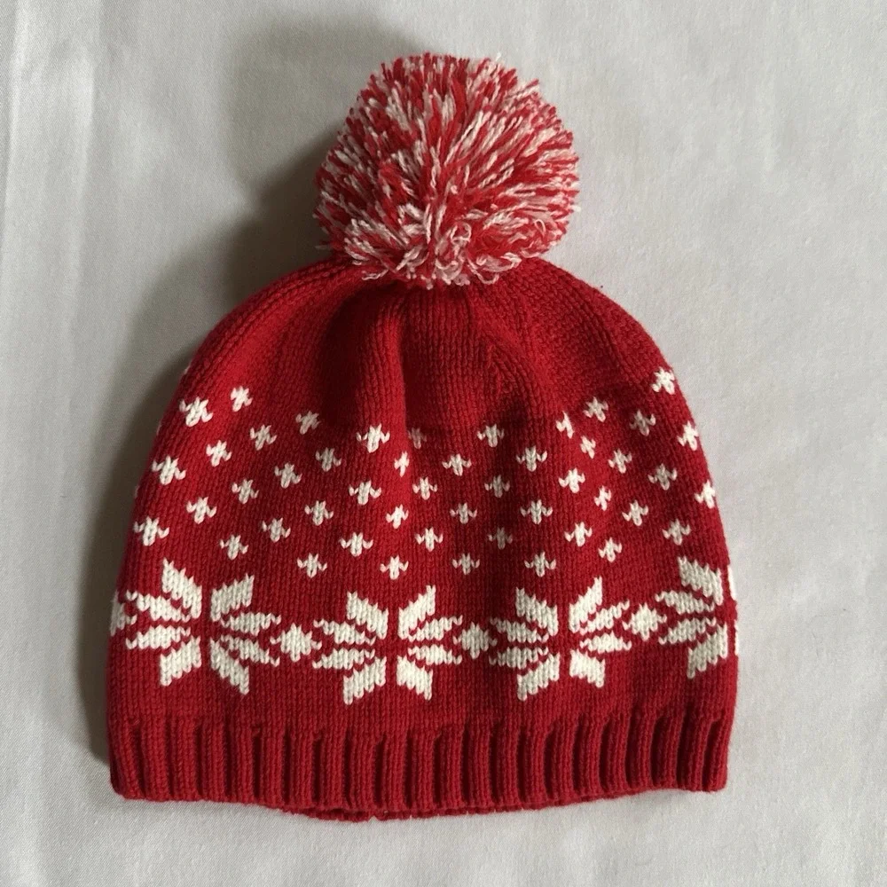 Hanna Andersson Sweaterknit Hat Pom Pom Red White Snowflake Size M Age 2-6  21cm